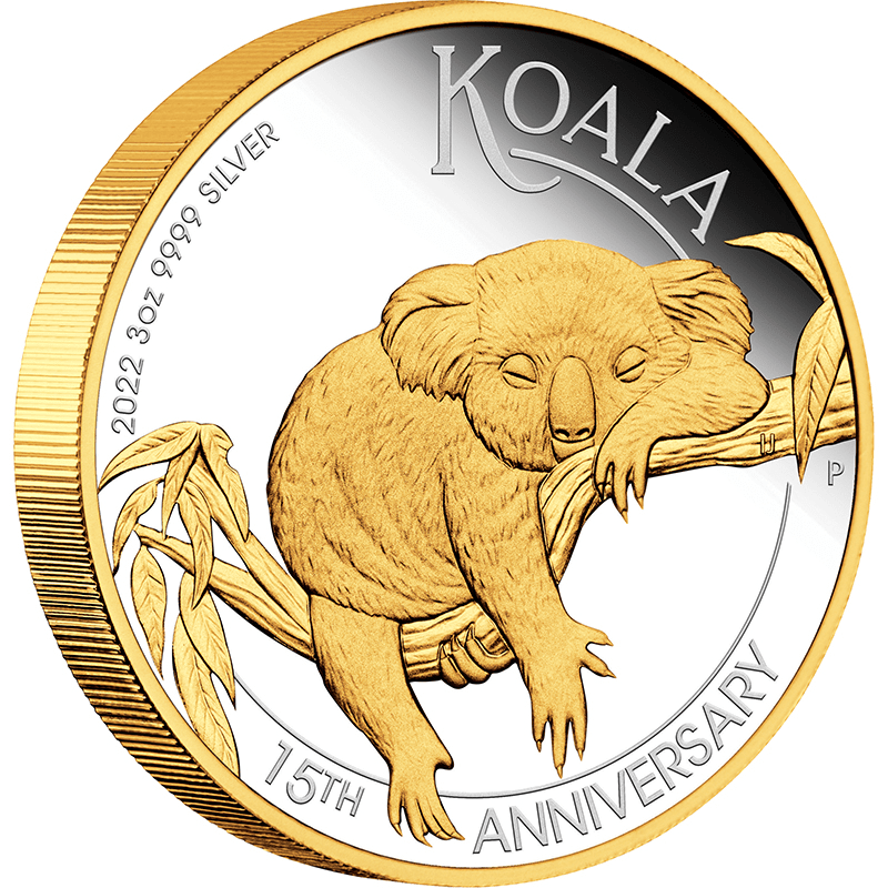 オーストラリア 2022年 コアラ銀貨発行15周年 3ドル銀貨金メッキ付