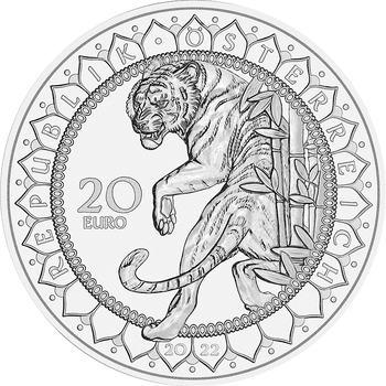 オーストリア 2022年 神話の動物シリーズ トラの強さ 20ユーロ銀貨クリスタライズ付 プルーフ