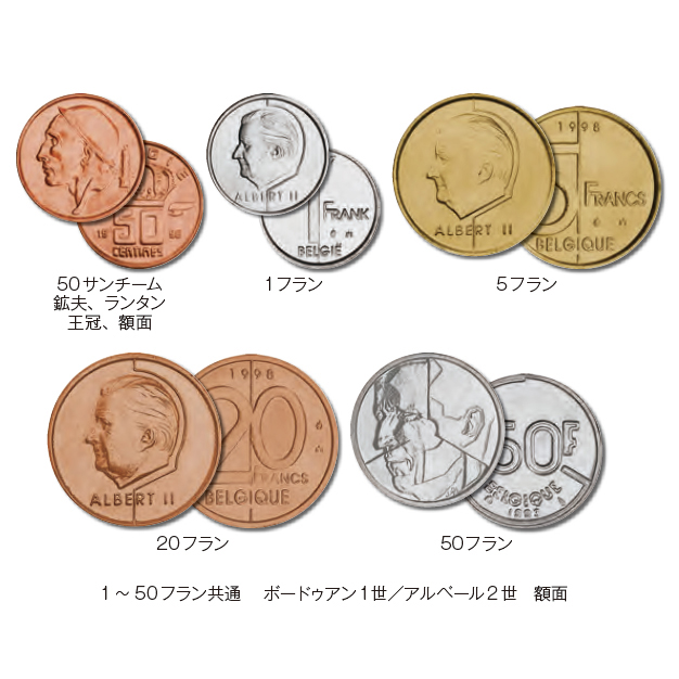 ベルギー 1956-2001年 ユーロ導入前の通常貨 旧通常貨5種セット（50サンチーム、1、 5、 20、 50フラン貨） 極美品～未使用品