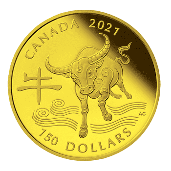 【B】 カナダ 2021年 新・干支コインシリーズ 第12貨 丑年牛図 150ドル金貨 プルーフ