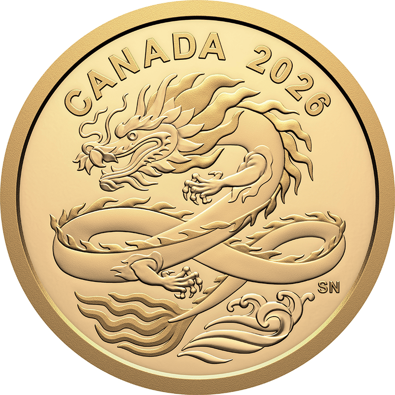 カナダ 2026年 中国の神話 幸運の龍 8ドル金貨 プルーフ | オンライン