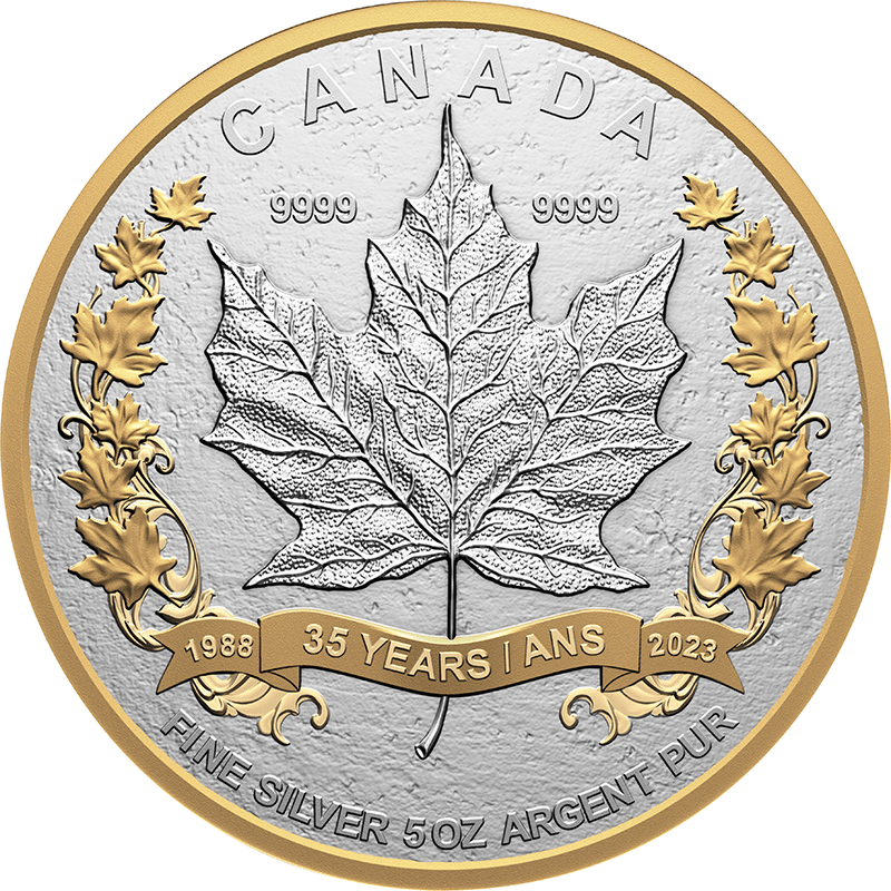 カナダ 2023年 メイプルリーフ銀貨発行35周年 5oz 50ドル銀貨金メッキ