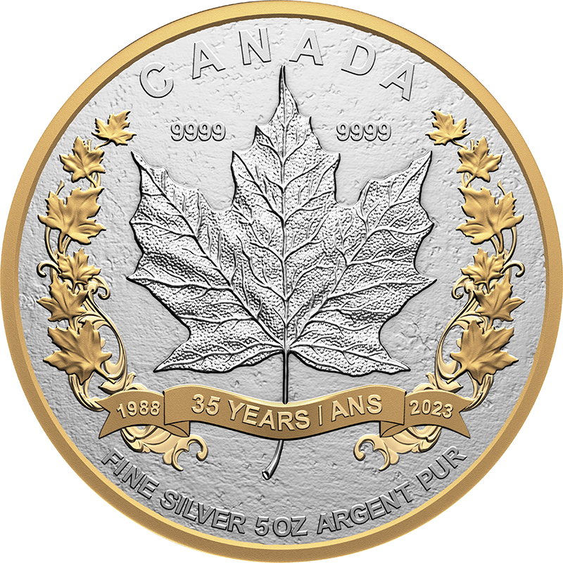 カナダ 2023年 メイプルリーフ銀貨発行35周年 5oz 50ドル銀貨金メッキ 