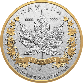 カナダ 2023年 メイプルリーフ銀貨発行35周年 5oz 50ドル銀貨金メッキ付 艶消しプルーフ