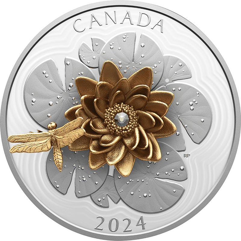 カナダ 2024年 トンボと睡蓮の花 50ドル銀貨金メッキ・クリスタル付