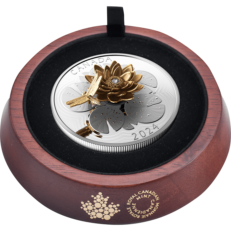 カナダ 2024年 トンボと睡蓮の花 50ドル銀貨金メッキ・クリスタル付