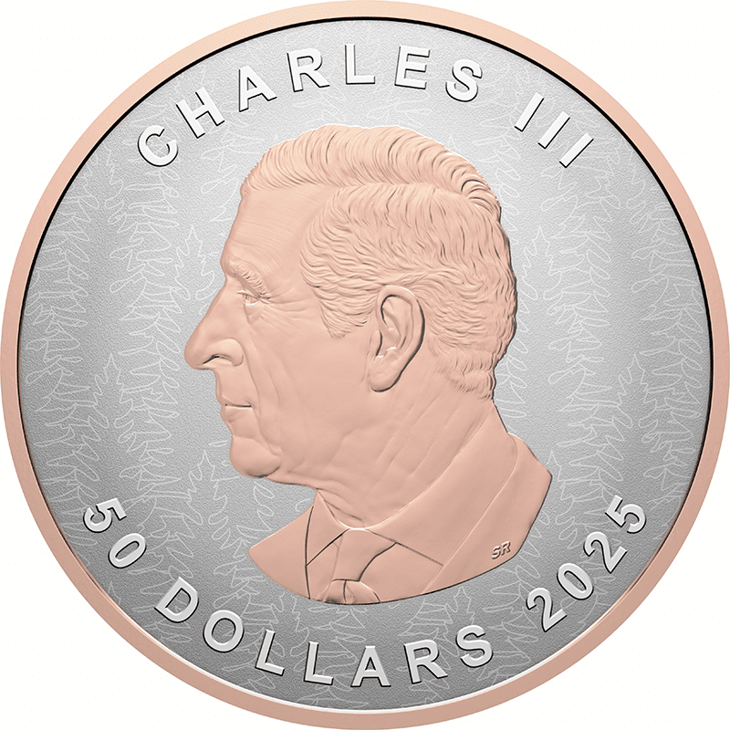 カナダ 2025年 メイプルリーフ 50ドル銀貨ローズゴールドメッキ