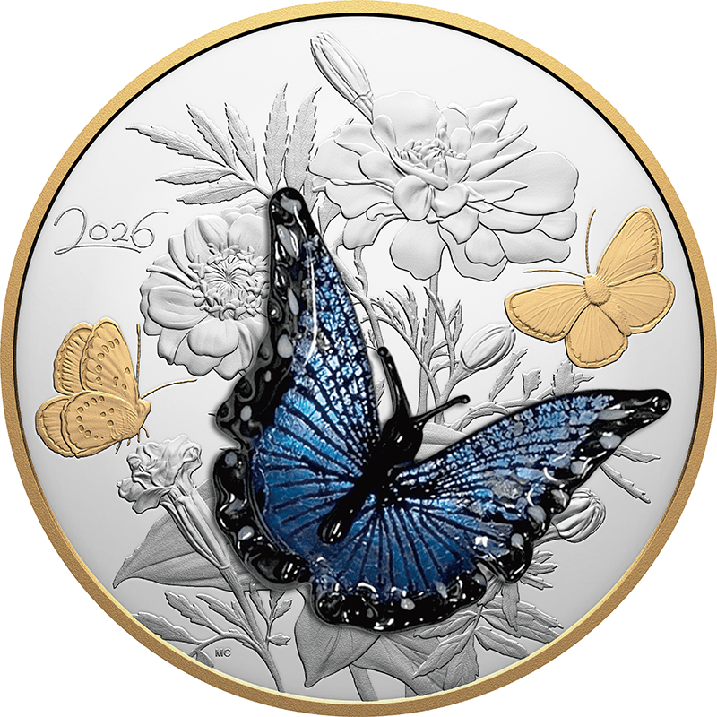 カナダ 2026年 ブルーモルフォチョウ 125ドルカラー銀貨金メッキ