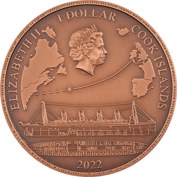 クック諸島 2022年 タイタニックの悲劇110周年 1ドル銅貨 アンティーク仕上げ(ウルトラハイレリーフ)