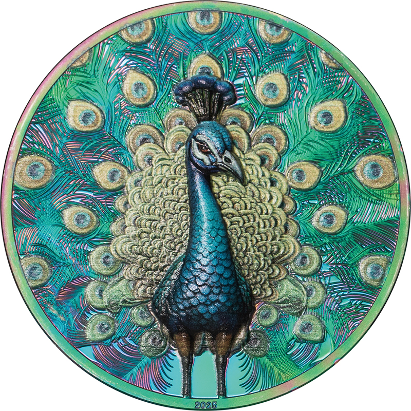 クック諸島 2025年 スペクトルな孔雀 5ドルプリズマメッキカラー