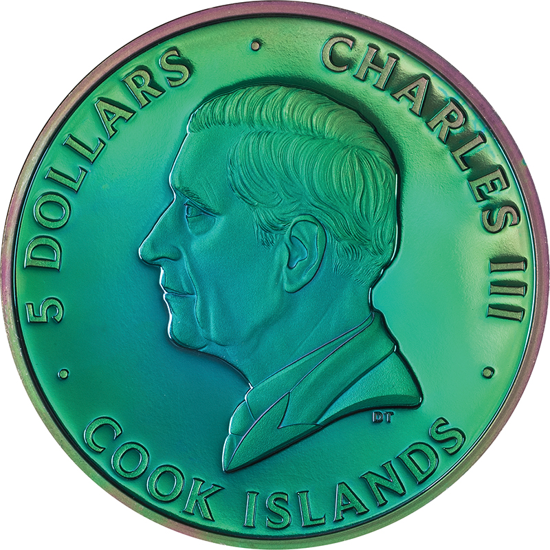 クック諸島 2025年 スペクトルな孔雀 5ドルプリズマメッキカラー銀貨