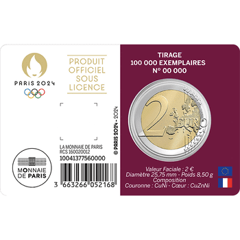 フランス 2024年 オリンピック・パラリンピック競技大会 パリ2024公式記念コイン 第4貨 ヘラクレスとノートルダム大聖堂 記念2ユーロ貨 「R」ブリスターパック入 (Purple) 未使用