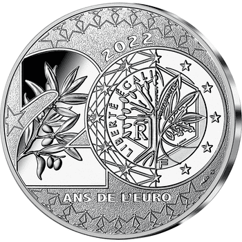 フランス 2022年 ユーロ導入20周年 記念銀貨入通常貨9種プルーフセット（1、 2、 5、 10、 20、 50セント貨、新1、 2ユーロ貨、記念20ユーロ銀貨） プルーフ
