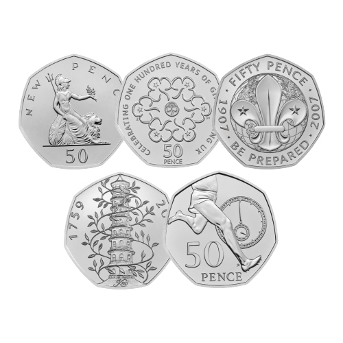 英国 2019年 50ペンス貨発行50周年 50ペンス白銅貨5種未使用セット