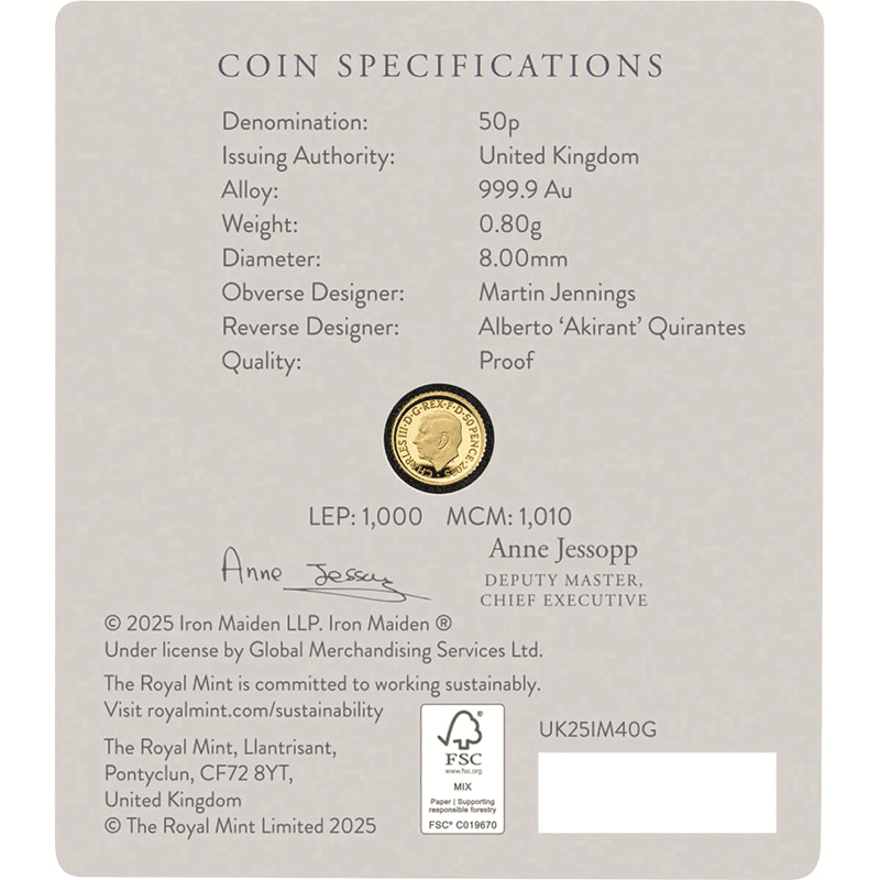 英国 2025年 伝説のミュージシャン アイアン・メイデン 50ペンス