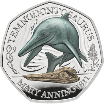 英国 2021年 恐竜シリーズ テムノドンサウルス 50ペンスカラー銀貨 プルーフ