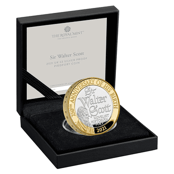 英国 2021年 サー・ウォルター・スコット生誕250周年 2ポンドピエフォー銀貨金メッキ付 プルーフ
