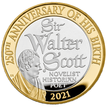 英国 2021年 サー・ウォルター・スコット生誕250周年 2ポンド銀貨金メッキ付 プルーフ