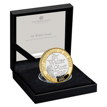 英国 2021年 サー・ウォルター・スコット生誕250周年 2ポンド銀貨金メッキ付 プルーフ