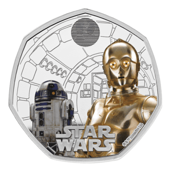 【供給元問合せ】英国 2023年 スター・ウォーズ(TM) R2-D2 & C-3PO 50ペンスカラー銀貨 プルーフ