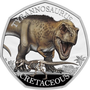 英国 2024年 恐竜シリーズ ティラノサウルス 50ペンスカラー銀貨 プルーフ