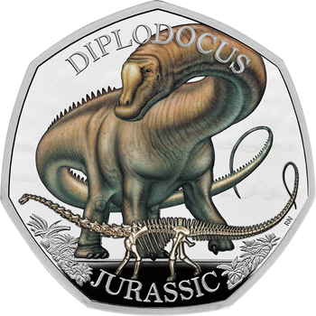 英国 2024年 恐竜シリーズ 最終貨 ディプロドクス 50ペンスカラー銀貨 プルーフ