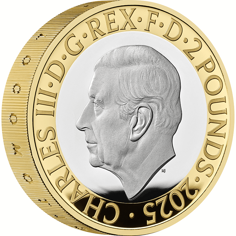 英国 2025年 近代鉄道輸送200周年 2ポンドピエフォー銀貨金メッキ付