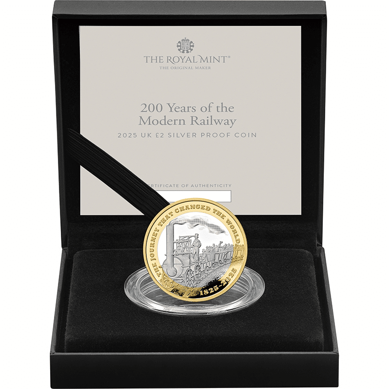 英国 2025年 近代鉄道輸送200周年 2ポンド銀貨金メッキ付 プルーフ