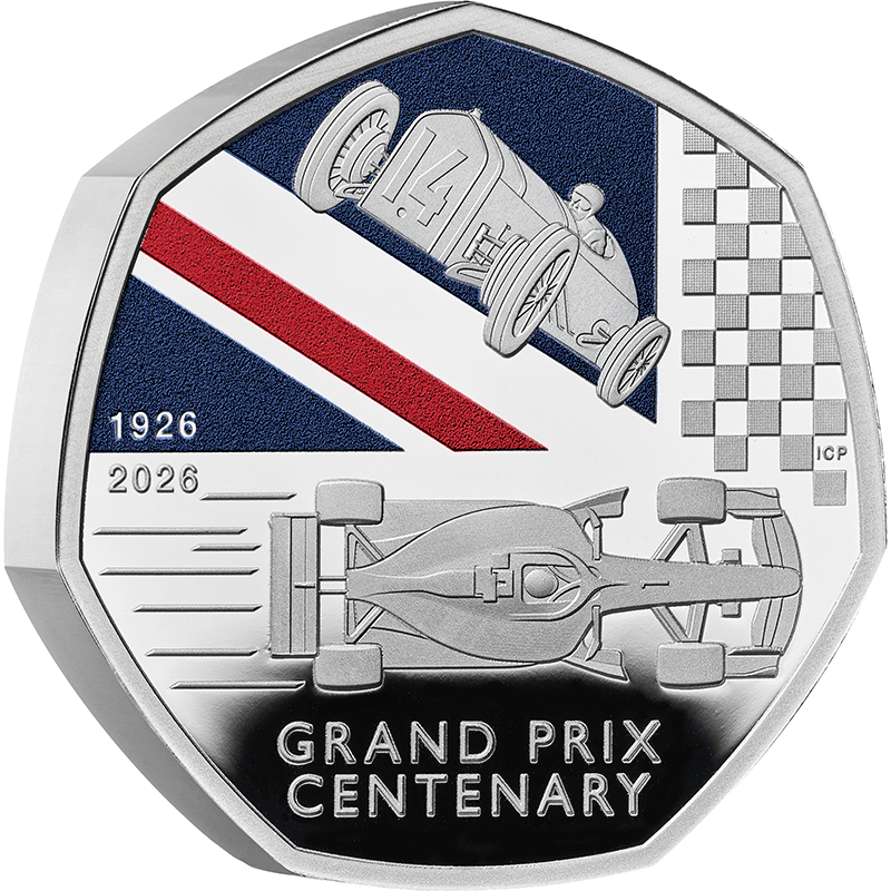 英国 2026年 イギリスグランプリ100周年 50ペンスピエフォーカラー銀貨