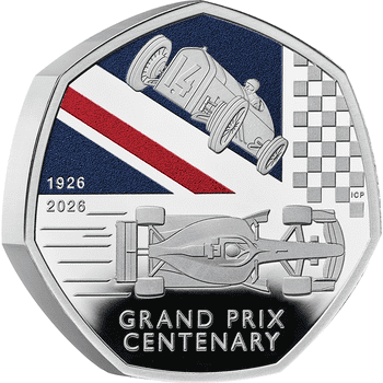 英国 2026年 イギリスグランプリ100周年 50ペンスピエフォーカラー銀貨