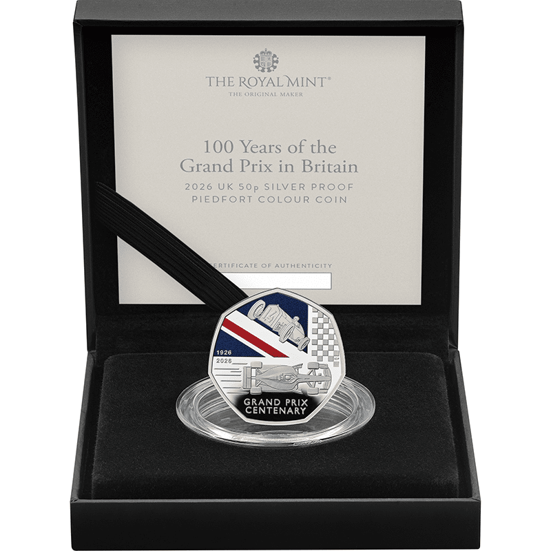 英国 2026年 イギリスグランプリ100周年 50ペンスピエフォーカラー銀貨