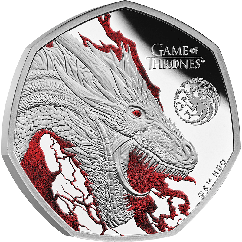 限定品！ 金コーティング銀貨 竜退治デザイン 英国 2026年 「ゲーム・オブ・スローンズ」テレビ初放送15周年 炎 50