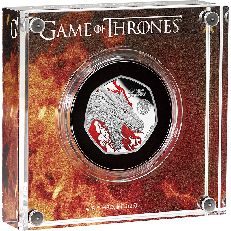 限定品！ 金コーティング銀貨 竜退治デザイン 英国 2026年 「ゲーム・オブ・スローンズ」テレビ初放送15周年 炎 50