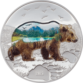 モンゴル 2021年 野生の世界 クマ 1000トグログカラー銀貨 プルーフ（ウルトラハイレリーフ）
