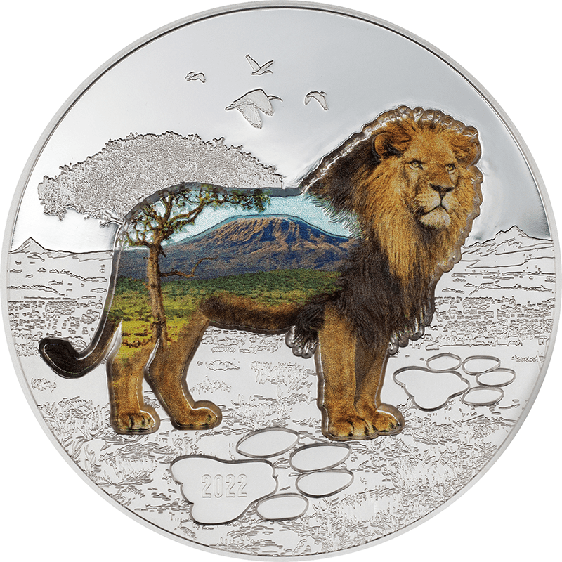 モンゴル 2022年 野生の世界 ライオン 1000トグログカラー銀貨