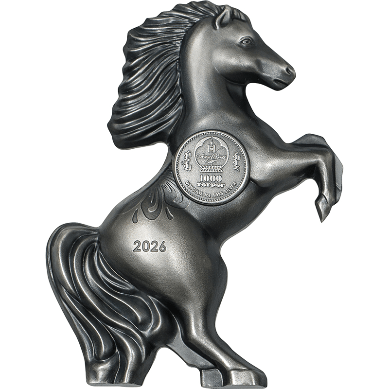 モンゴル 2026年 午年馬図 1000トグログ銀貨 アンティーク仕上げ