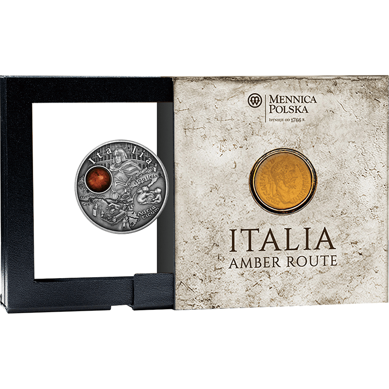 ニウエ 2025年 琥珀の道 イタリア 1ドル銀貨琥珀付 アンティーク仕上げ