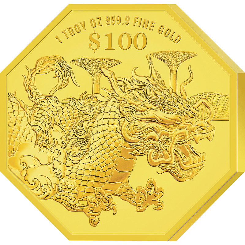 シンガポール 2024年 辰年龍図 100ドル八角形金貨 1オンス プルーフ 