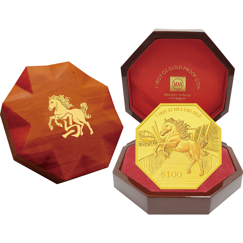 シンガポール 2026年 午年馬図 100ドル八角形金貨 1オンス プルーフ