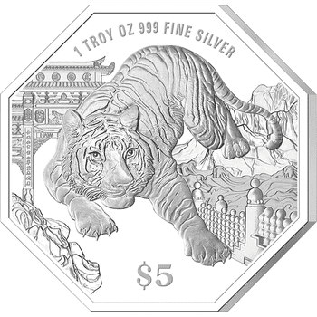 シンガポール 2022年 寅年虎図 5ドル八角形銀貨 1オンス プルーフ