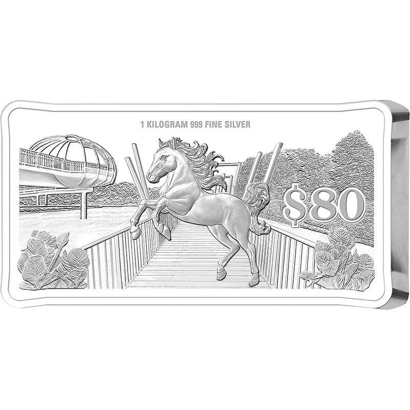 極稀　1976年発売品シンガポール限定世界で3,500セット販売 シンガポール 2026年 午年馬図 80ドル長方形銀貨 1キロ プルーフライク