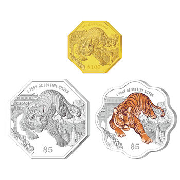 シンガポール 2022年 寅年虎図 金・銀貨3種セット （100ドル八角形金貨、5ドル八角形銀貨、5ドル花形カラー銀貨）