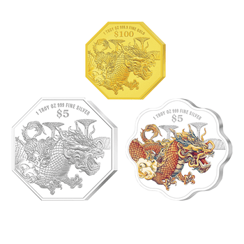 シンガポール 2024年 辰年龍図 金・銀貨3種セット（100ドル八角形金貨、5ドル八角形銀貨、5ドル花形カラー金貨） プルーフ
