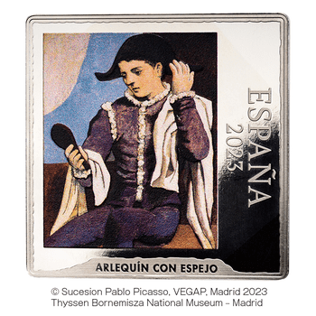 スペイン 2023年 パブロ・ピカソ没後50周年 鏡を持つアルルカン（1923年製作） 50ユーロカラー銀貨 プルーフ