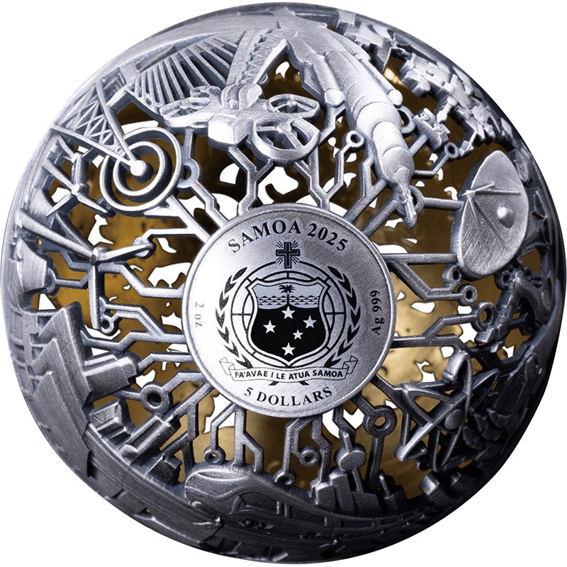 サモア 2025年 自然とテクノロジー 5ドル銀貨金メッキ付 アンティーク