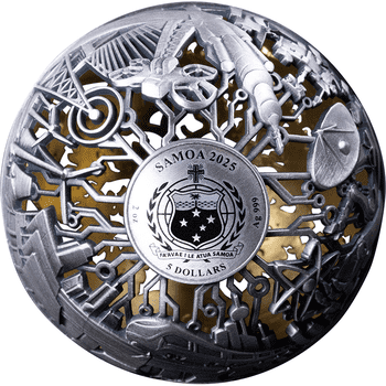 サモア 2025年 自然とテクノロジー 5ドル銀貨金メッキ付