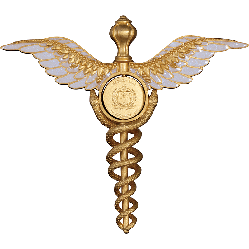 サモア 2025年 ヘルメスの杖 カドゥケウス 5ドル金メッキ銀貨エナメル