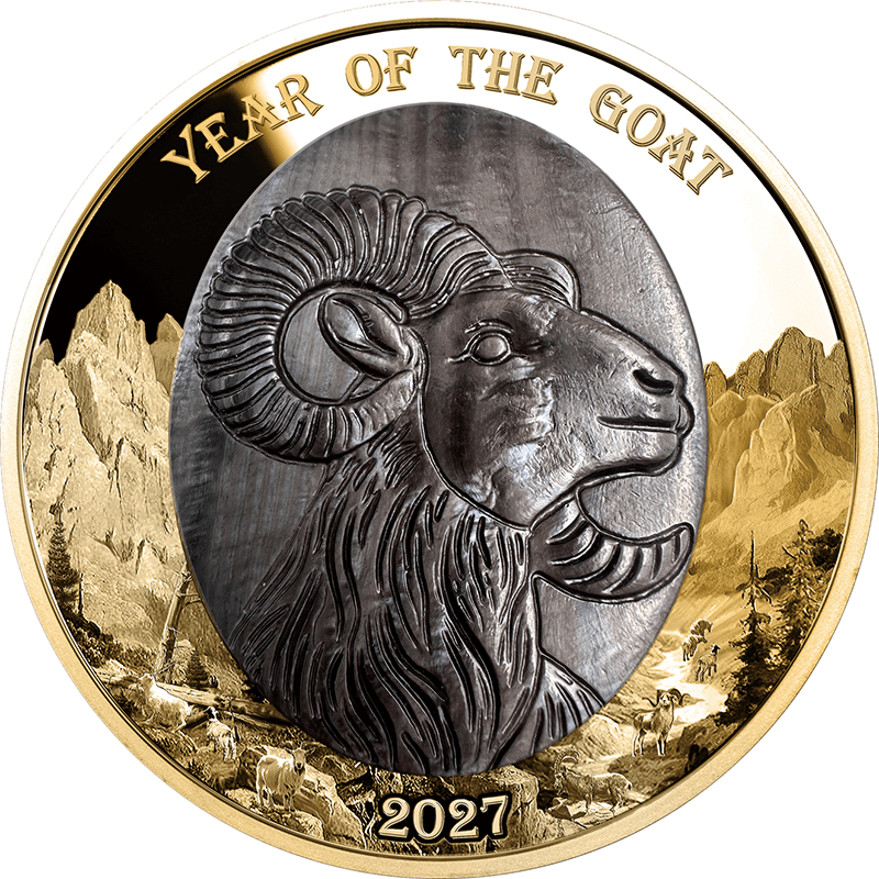 ソロモン諸島 2027年 未年羊図 100ドル金貨天然真珠層仕上げ プルーフ