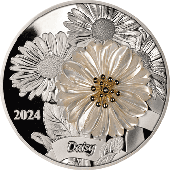 ソロモン諸島 2024年 美しいデイジーの花 5ドル銀貨天然真珠層・金製花細工付 プルーフ