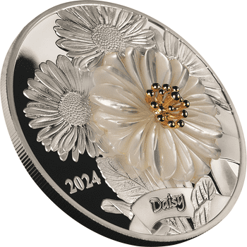 ソロモン諸島 2024年 美しいデイジーの花 5ドル銀貨天然真珠層・金製花細工付 プルーフ